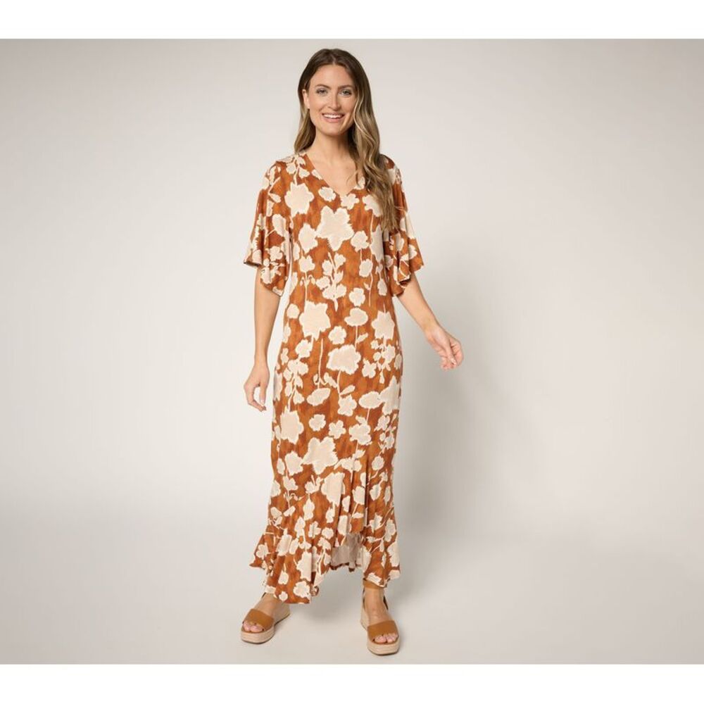 Peace Love World Rust & Cream Floral Ruffle-Hem Maxi Dress